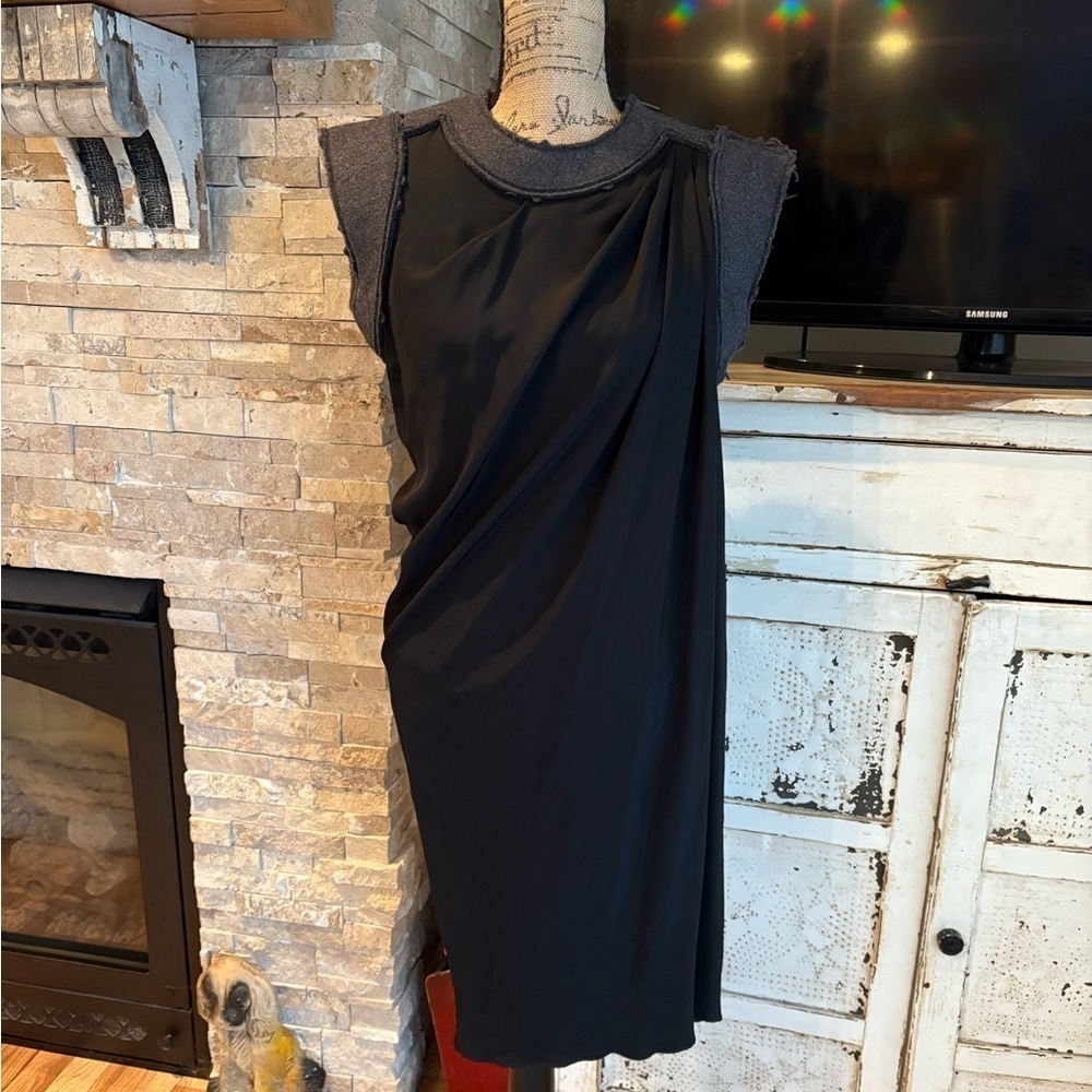 Bottega Veneta black sleeveless dress wool “shoulder pads” lined sheer bodysuit